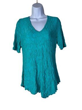 Sno Skins Teal Crinkle Textured V-Neck Short Sleeve Womens Tunic Top Size Medium